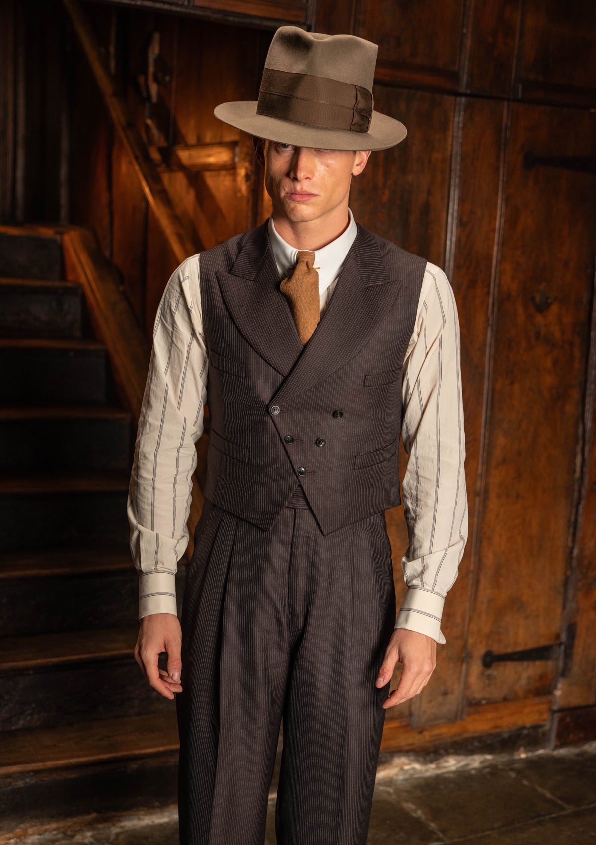 Emile Merino Wool Double Breasted Waistcoat - Tailor's Walnut Pinstripe