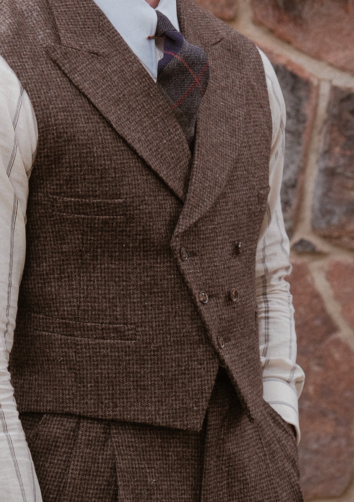 Emile Merino Wool Double Breasted Waistcoat - Brown Micro Houndstooth