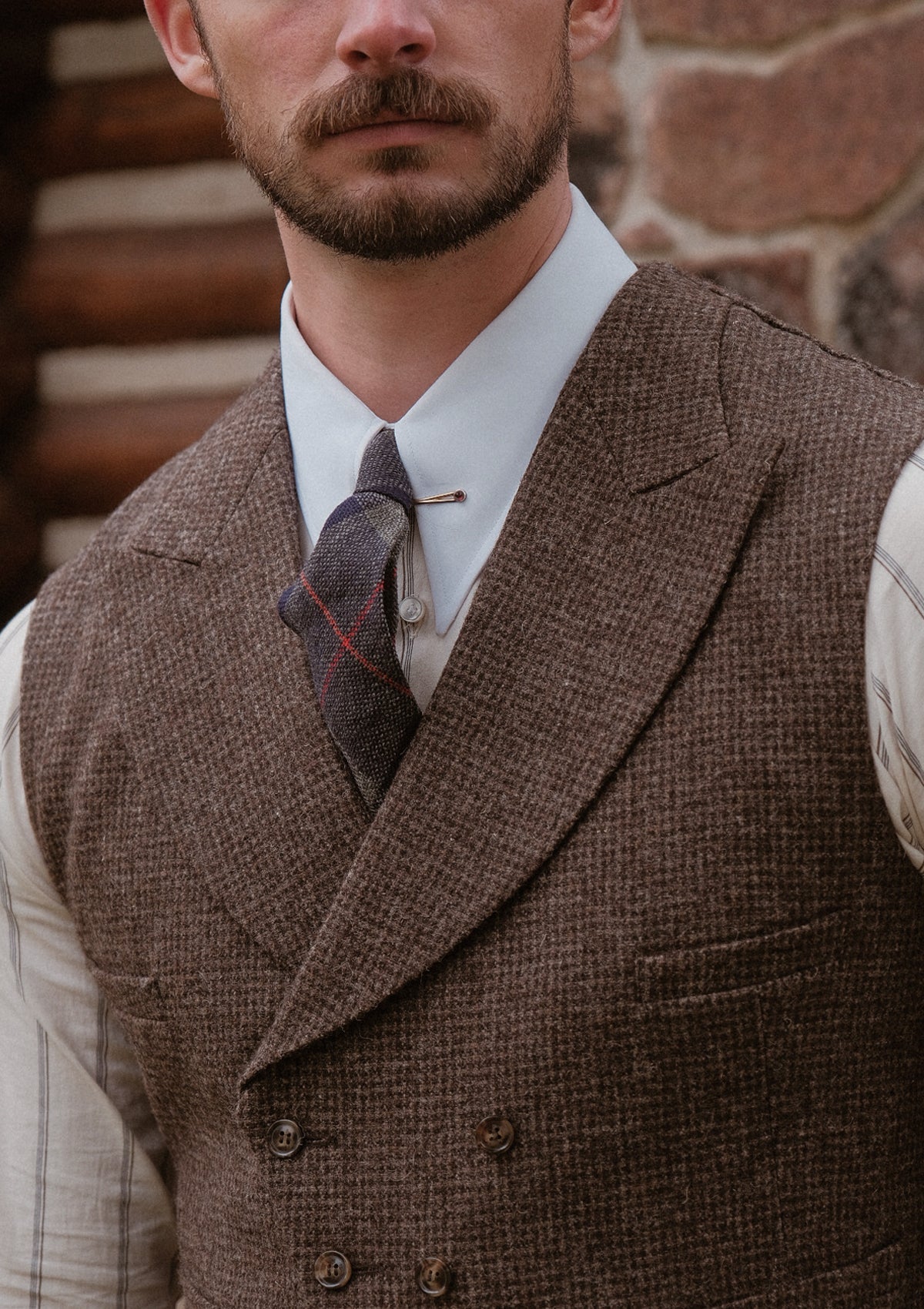 Emile Merino Wool Double Breasted Waistcoat - Brown Micro Houndstooth