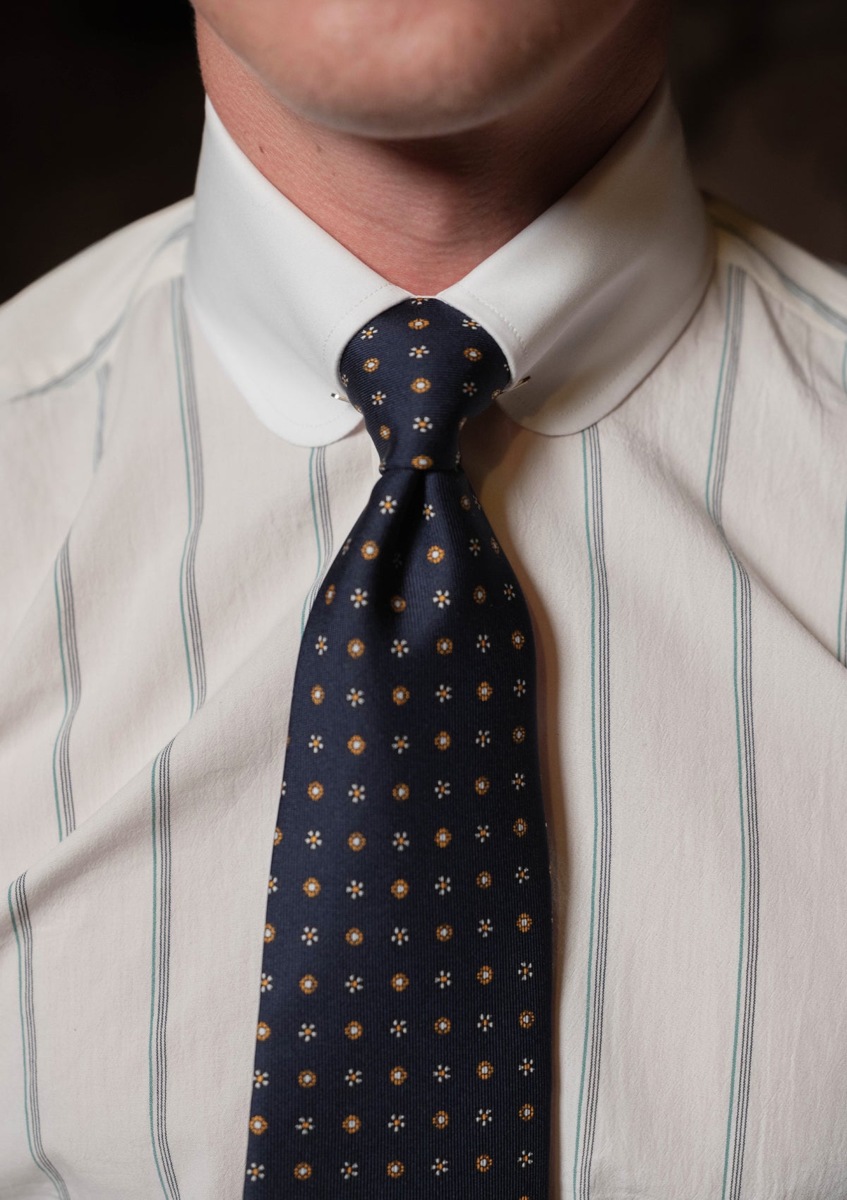 Club Collar Japanese Cotton Shirt - Wide Green Pinstripe