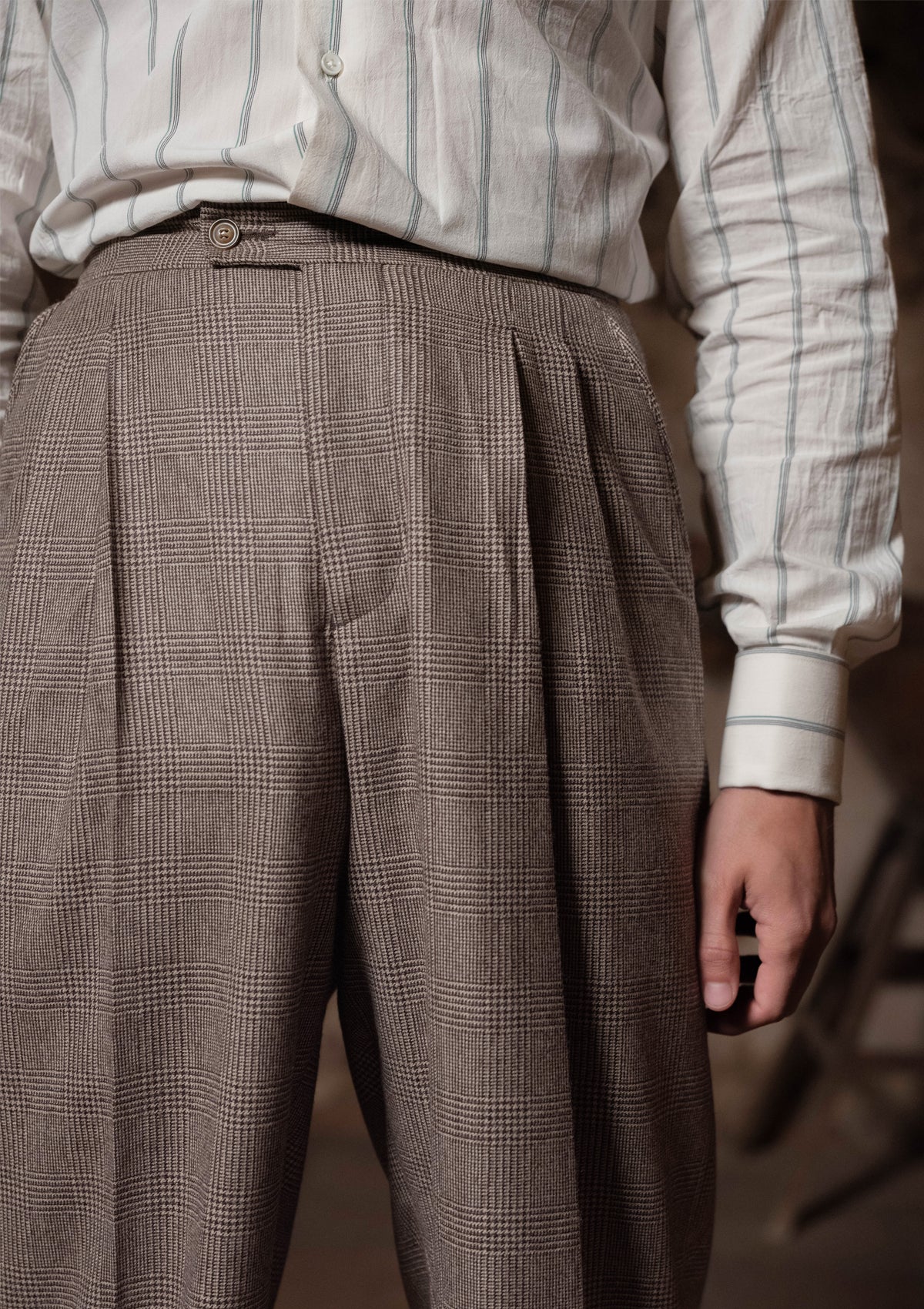 Club Collar Japanese Cotton Shirt - Wide Green Pinstripe