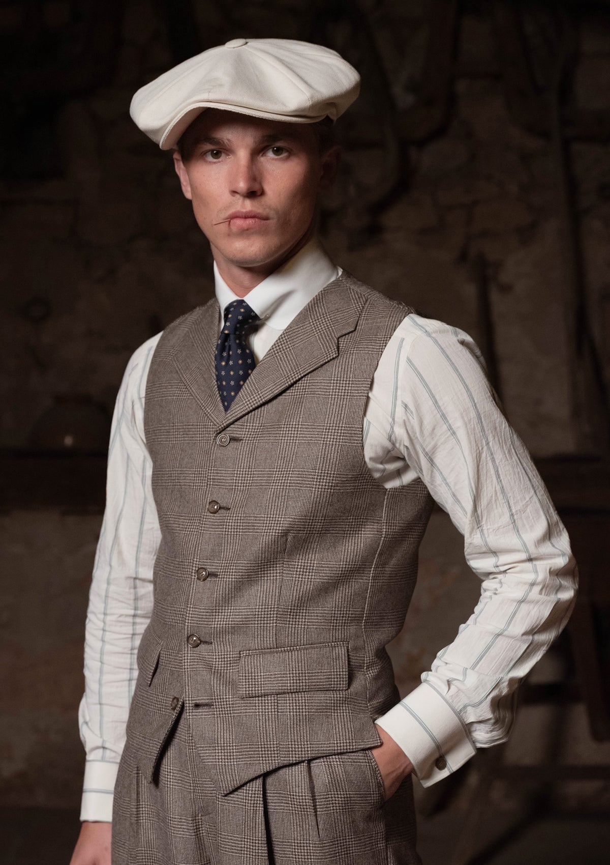 Club Collar Japanese Cotton Shirt - Wide Green Pinstripe