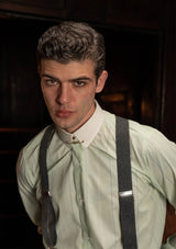 Grandad Collar Cotton Shirt - Green Stripe