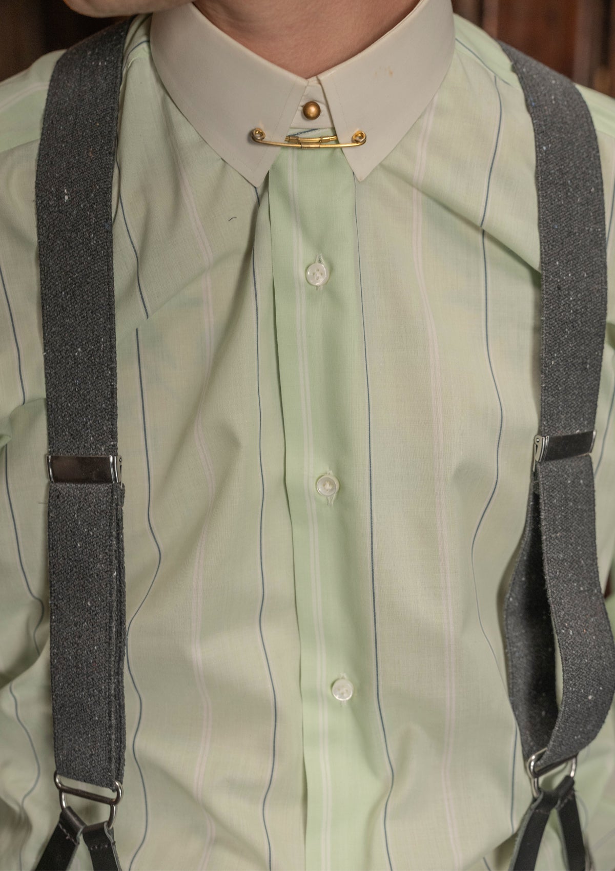 Grandad Collar Cotton Shirt - Green Stripe