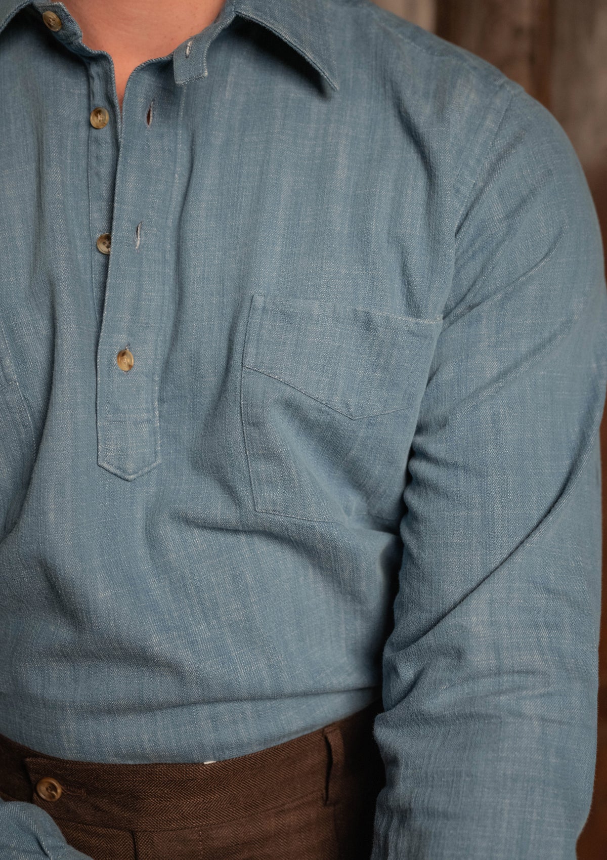 Denim Half Button Long Sleeve Workwear Shirt - Light Blue
