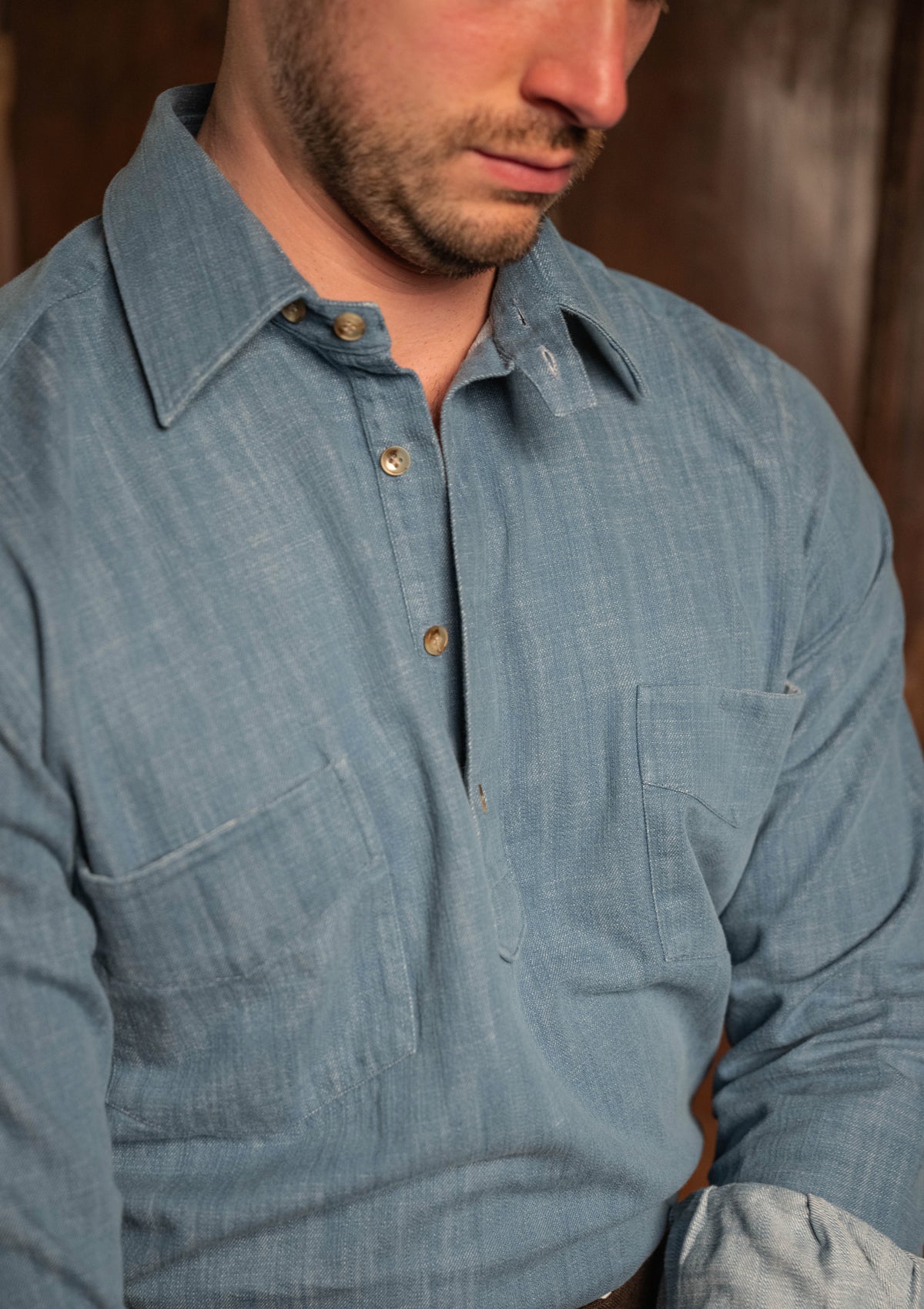 Denim Half Button Long Sleeve Workwear Shirt - Light Blue