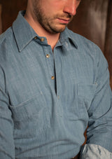 Denim Half Button Long Sleeve Workwear Shirt - Light Blue