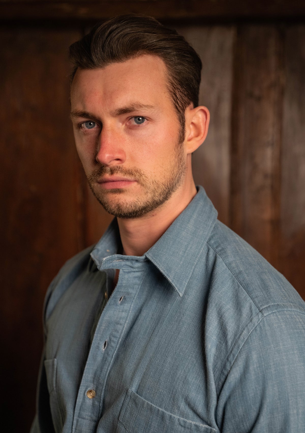 Denim Half Button Long Sleeve Workwear Shirt - Light Blue