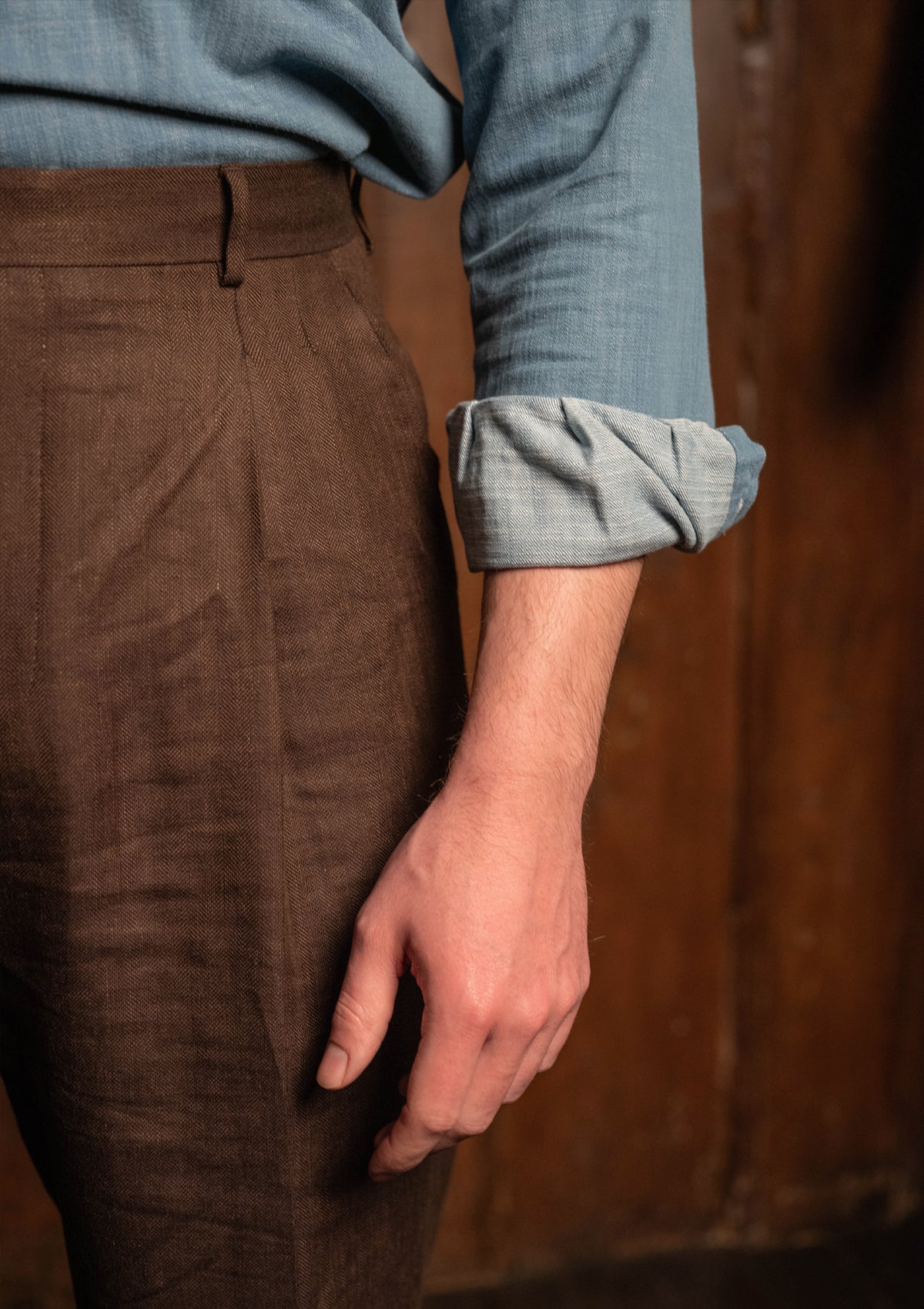 Denim Half Button Long Sleeve Workwear Shirt - Light Blue