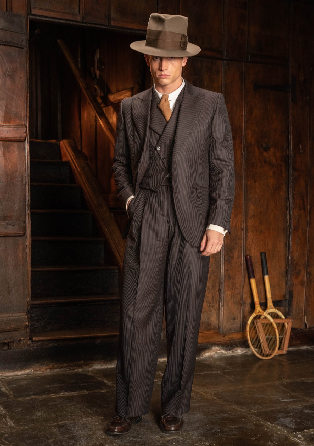 Emile Merino Wool Clark Trouser (Without Belt Loops) - Tailor's Walnut Pinstripe