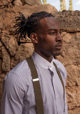 Grandad Collar Cotton Shirt - Brown Pinstripe