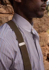 Grandad Collar Cotton Shirt - Brown Pinstripe