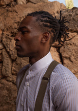 Grandad Collar Cotton Shirt - Brown Pinstripe