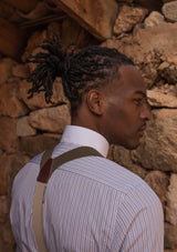 Grandad Collar Cotton Shirt - Brown Pinstripe