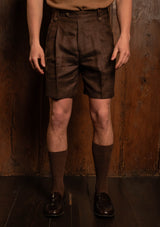 Gene Pure Linen Shorts - Tobacco Herringbone