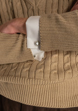 Cable Knit V-Neck Sweater - Biscuit