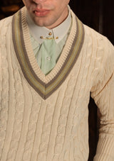 Cable Knit V-Neck Sweater - Green Clay Stripe