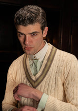 Cable Knit V-Neck Sweater - Green Clay Stripe