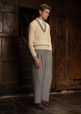 Cable Knit V-Neck Sweater - Green Clay Stripe