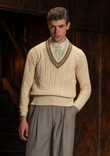 Cable Knit V-Neck Sweater - Green Clay Stripe