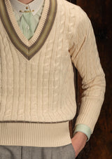 Cable Knit V-Neck Sweater - Green Clay Stripe