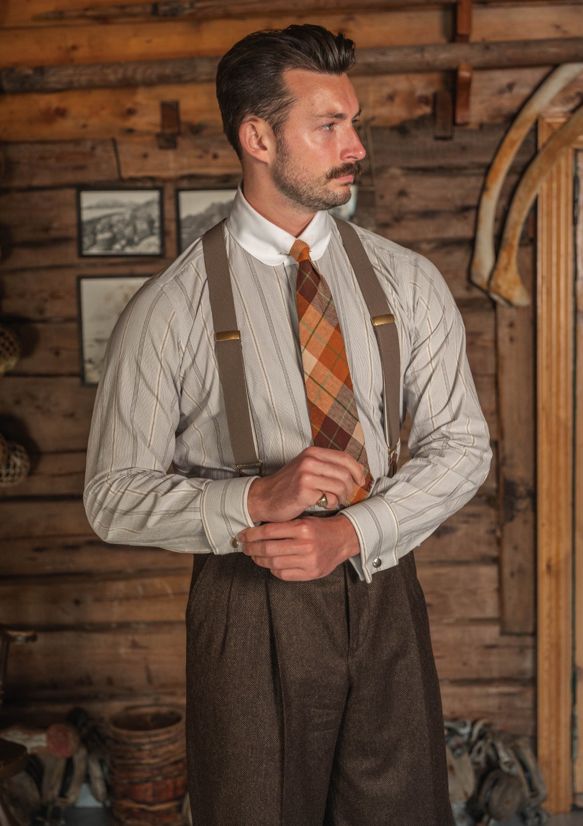 Club Collar Cotton Shirt - Clay Brown Pinstripe