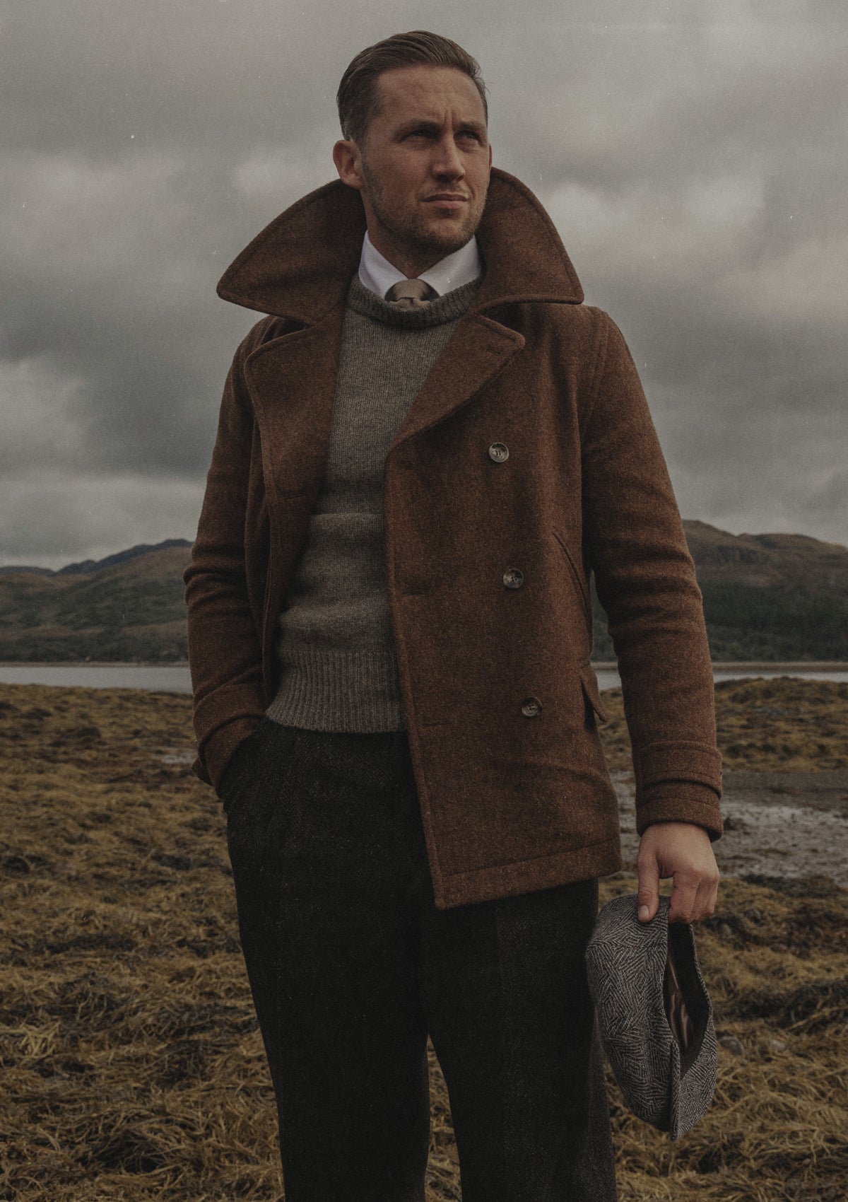 Storm-Collar Pure Wool Pea Coat - Tawny Rust
